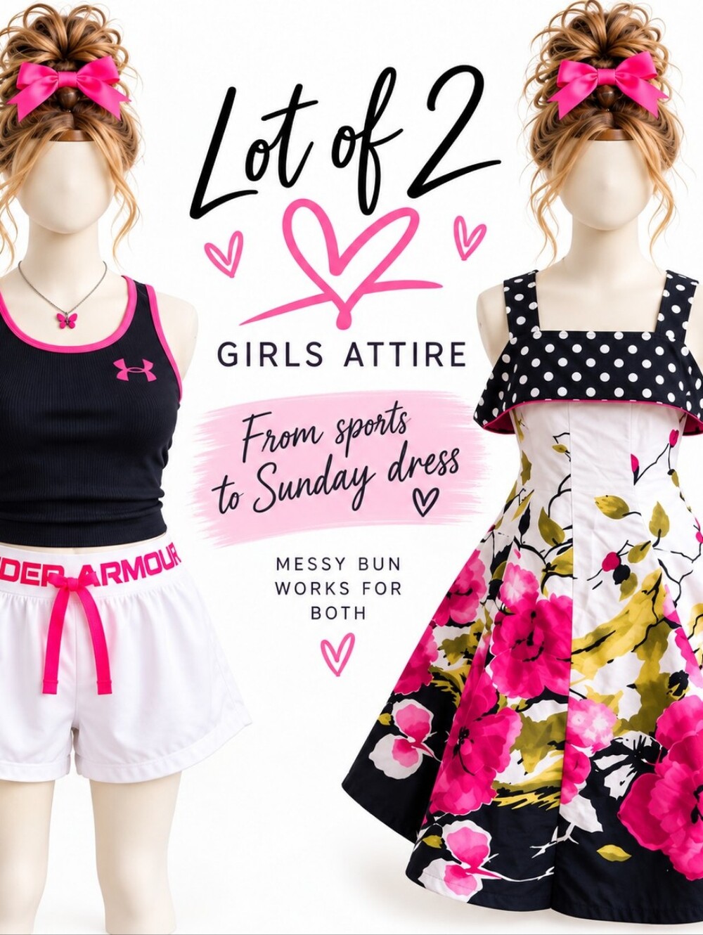 Girls Youth Outfit Lot Sz 8/M Under Armour Shorts + Sunday Dress Pink Navy